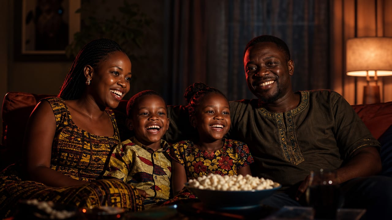 Une famille de quatre personnes rit sur le canapé devant un film, avec un bol de pop-corn