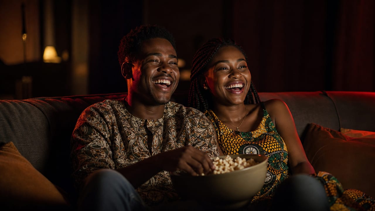 Deux amis rient sur un canapé en regardant un film, un bol de pop-corn entre eux