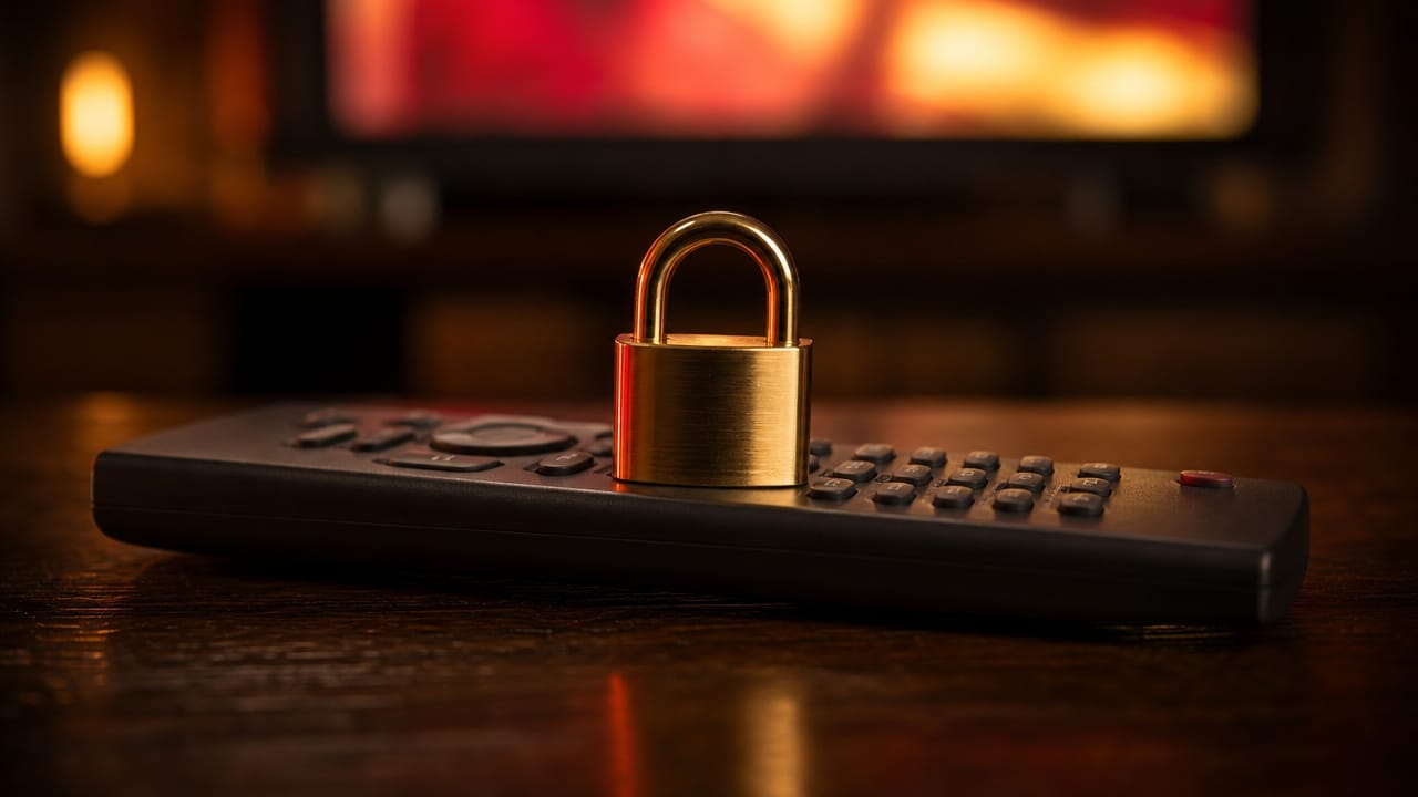 Un cadenas doré posé sur une télécommande, devant un écran allumé